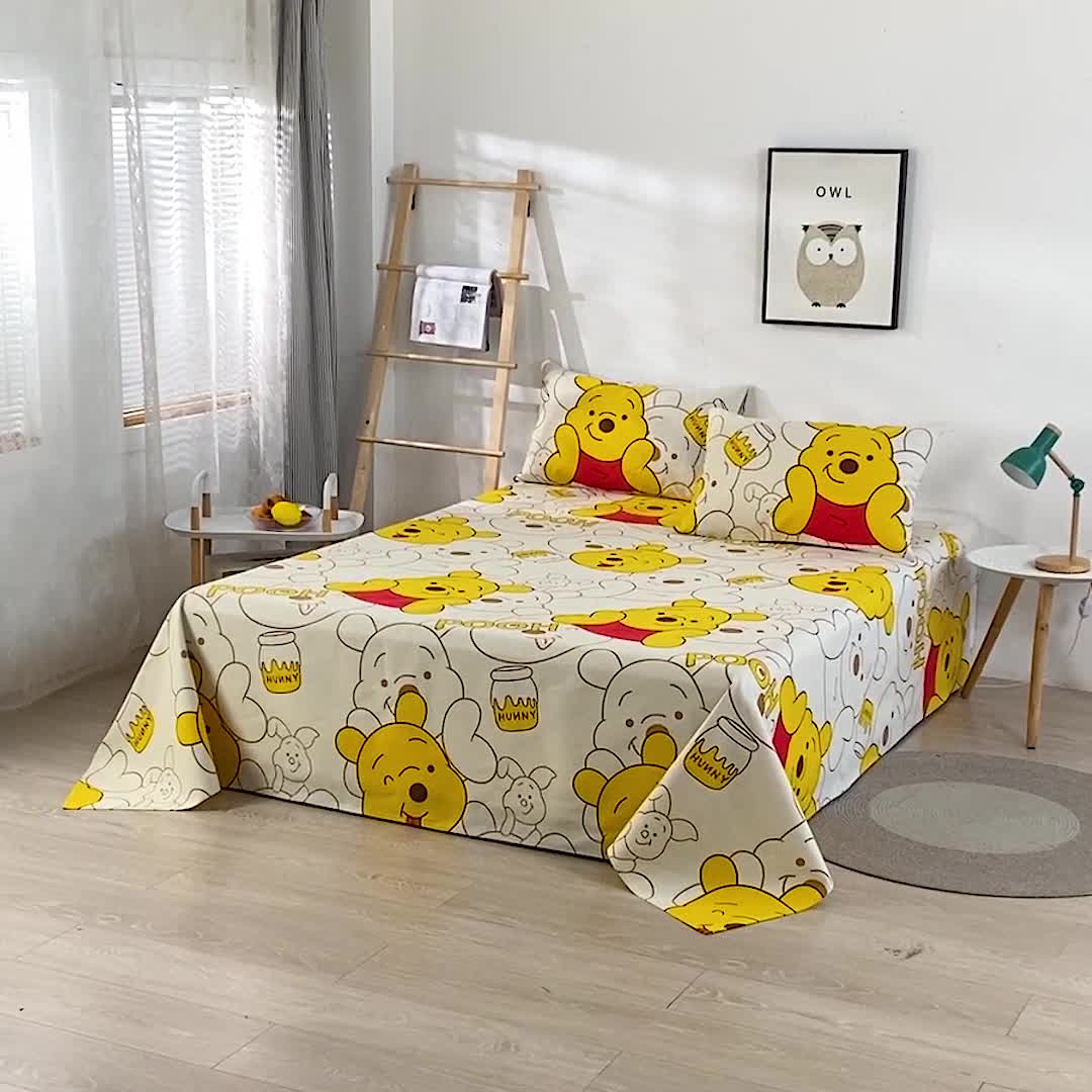 91家纺网 家纺一手货源 找家纺 韩后2025新款粗布印花床单枕套三件套维尼小熊