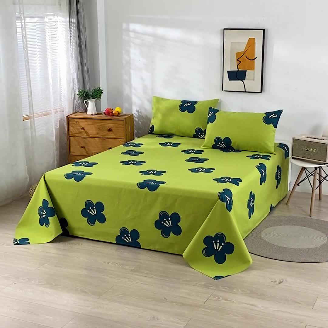 91家纺网 家纺一手货源 找家纺 韩后2025新款粗布印花床单枕套三件套幸运花朵