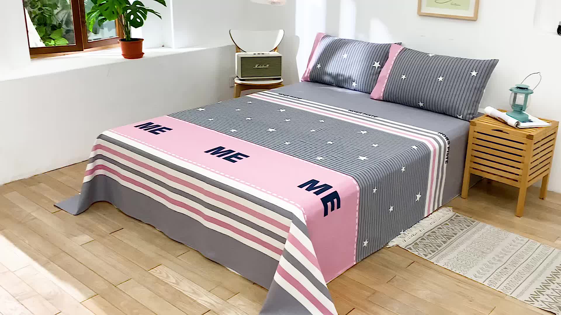 91家纺网 家纺一手货源 找家纺 韩后2025新款粗布印花床单枕套三件套ME