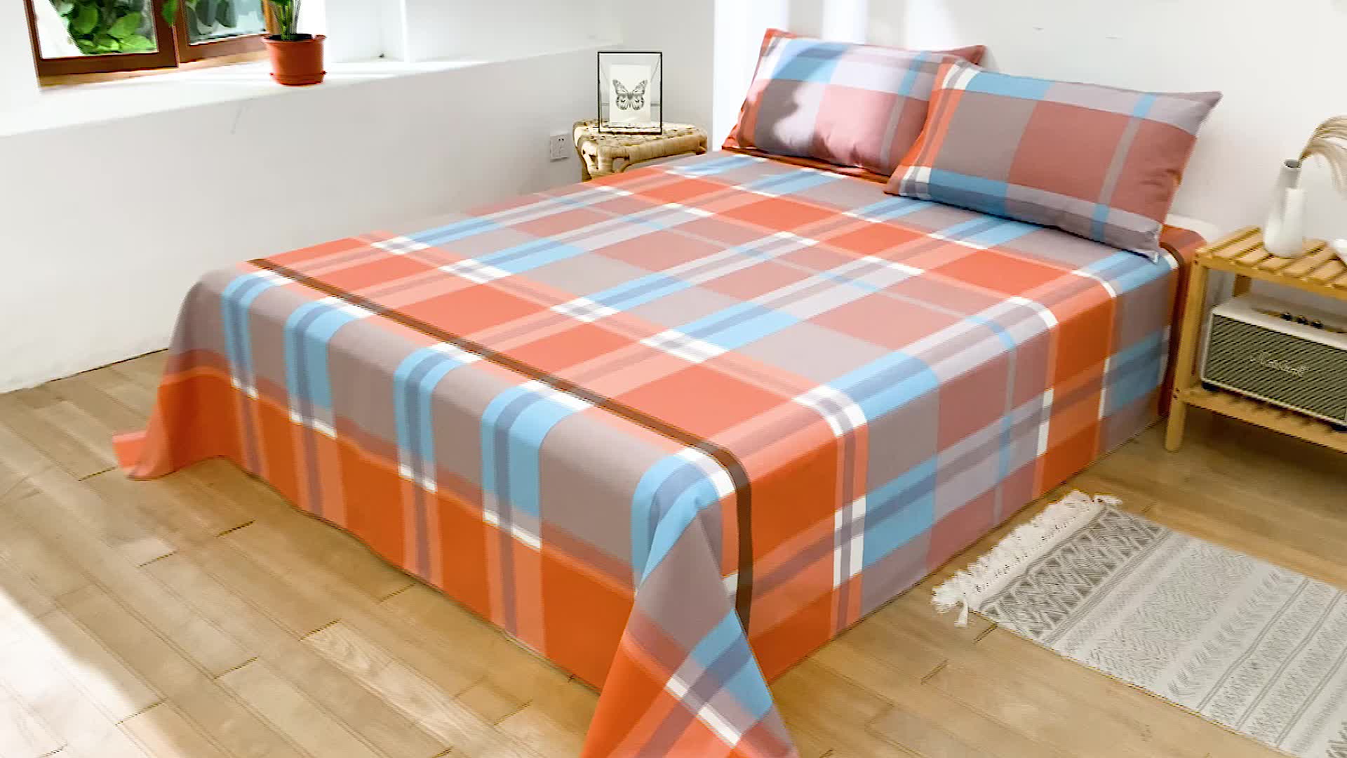 91家纺网 家纺一手货源 找家纺 韩后2025新款粗布印花床单枕套三件套格子铺桔