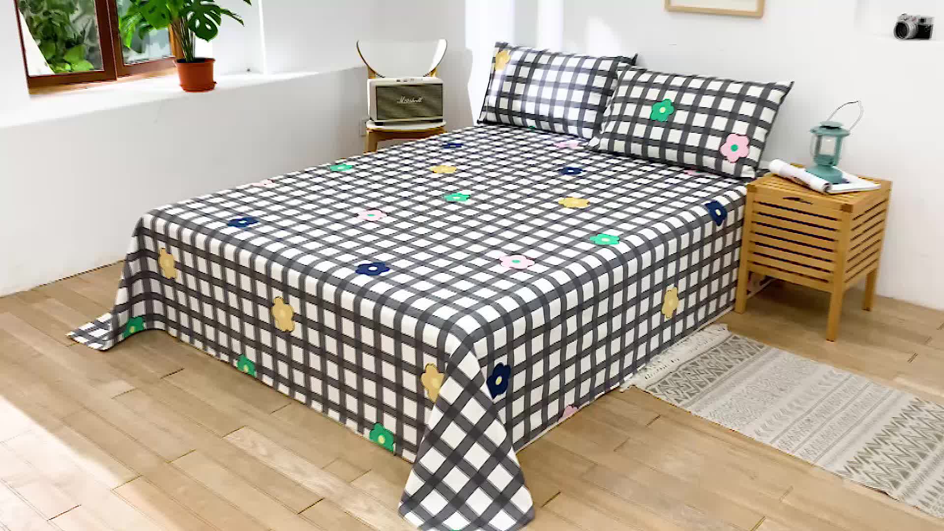 91家纺网 家纺一手货源 找家纺 韩后2025新款粗布印花床单枕套三件套花舞