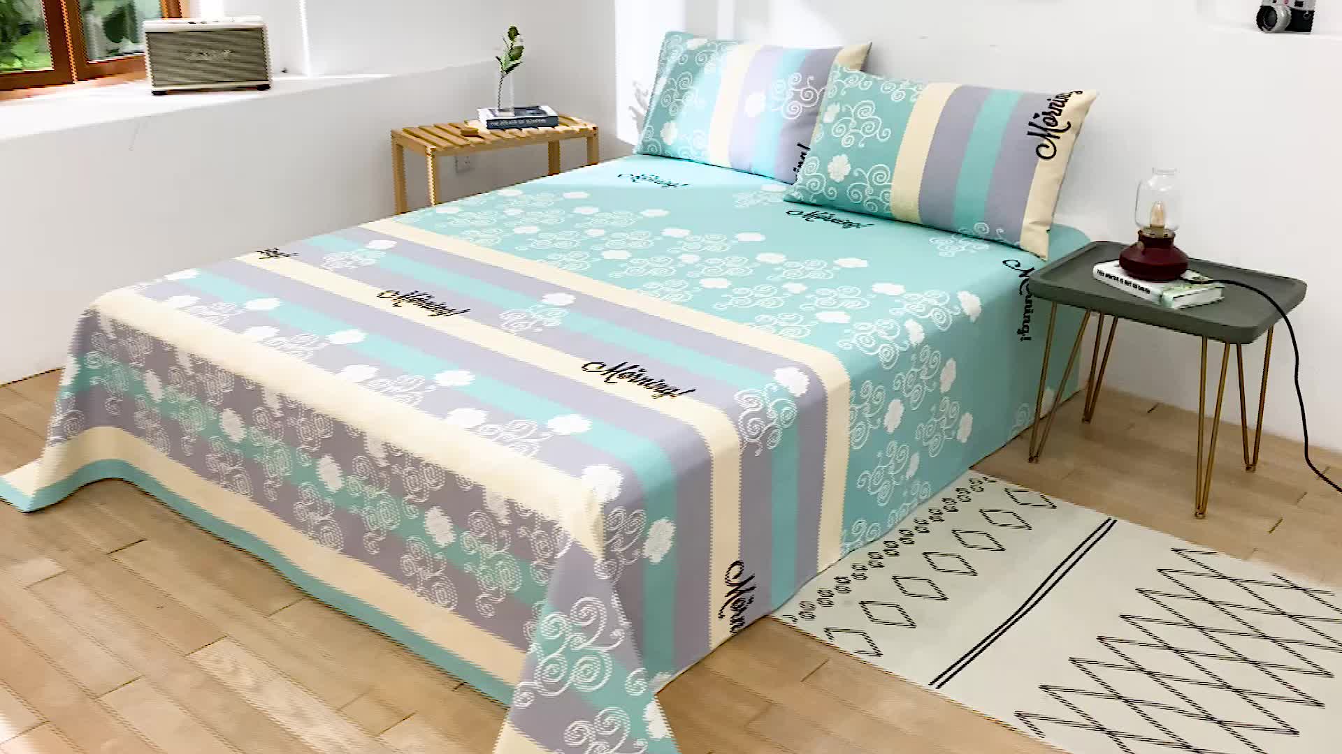 91家纺网 家纺一手货源 找家纺 韩后2025新款粗布印花床单枕套三件套早安-绿