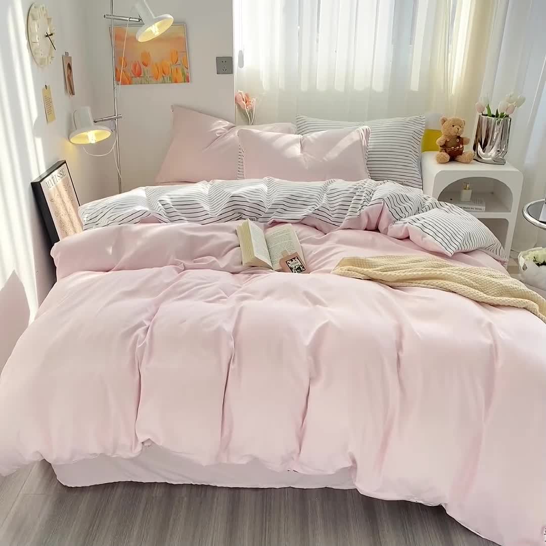 91家纺网 家纺一手货源 找家纺 雨帆家纺 2023新款条纹ins风四件套 粉条纹