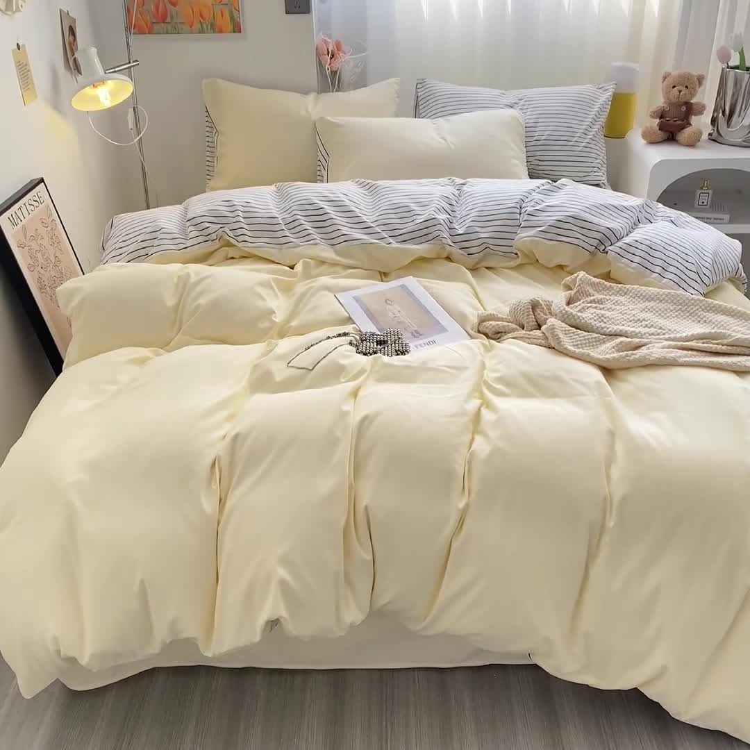 91家纺网 家纺一手货源 找家纺 雨帆家纺 2023新款条纹ins风四件套 芝士条纹