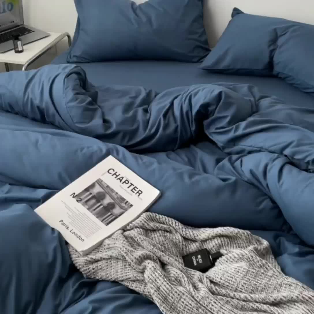 91家纺网 家纺一手货源 找家纺 蓝淋家纺 2023新款双拼水洗棉高级感亲肤四件套/三件套 蓝灰