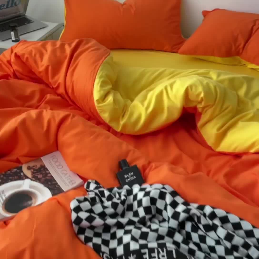 91家纺网 家纺一手货源 找家纺 蓝淋家纺 2023新款双拼水洗棉高级感亲肤四件套/三件套 亮橙黄