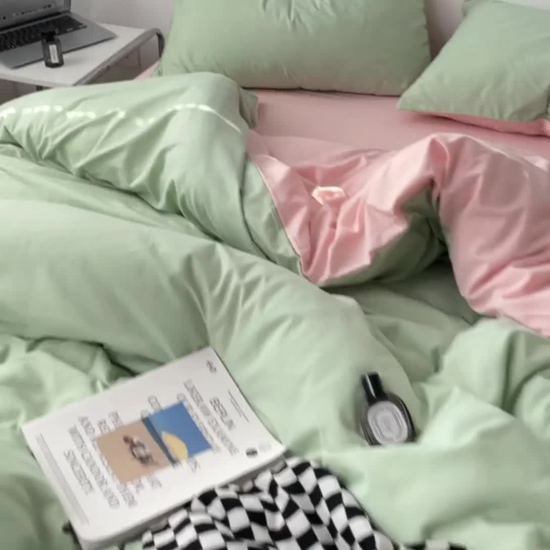 91家纺网 家纺一手货源 找家纺 蓝淋家纺 2023新款双拼水洗棉高级感亲肤四件套/三件套 浅绿公主粉