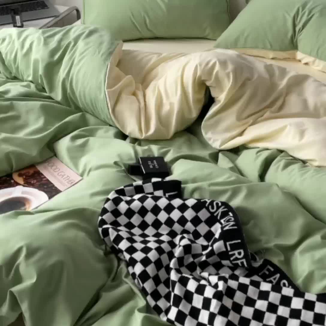 91家纺网 家纺一手货源 找家纺 蓝淋家纺 2023新款双拼水洗棉高级感亲肤四件套/三件套 浅绿米黄