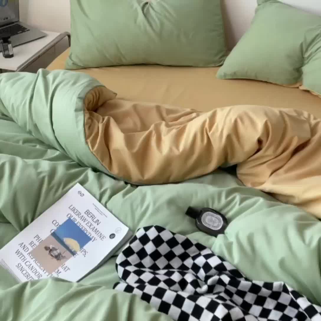 91家纺网 家纺一手货源 找家纺 蓝淋家纺 2023新款双拼水洗棉高级感亲肤四件套/三件套 浅绿浅驼