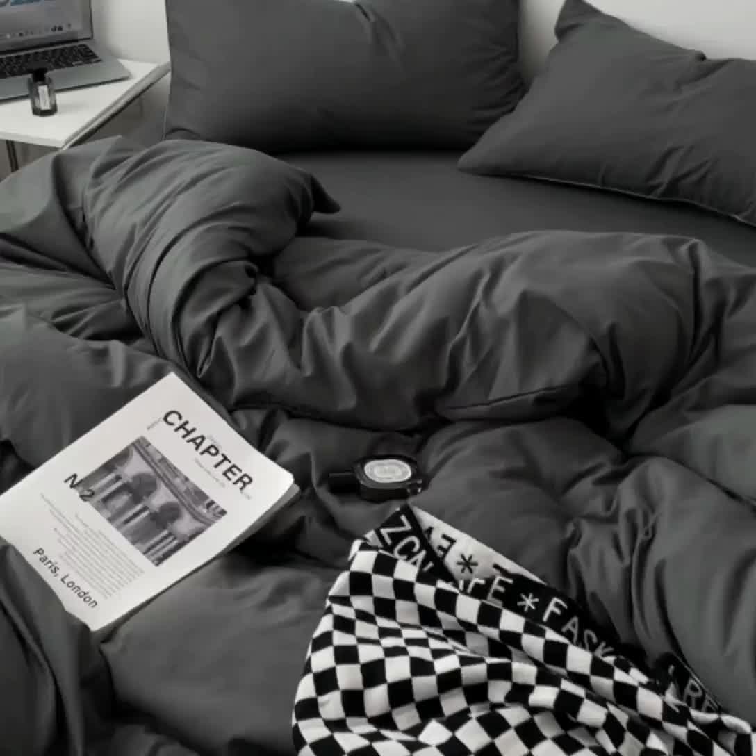 91家纺网 家纺一手货源 找家纺 蓝淋家纺 2023新款双拼水洗棉高级感亲肤四件套/三件套 深灰