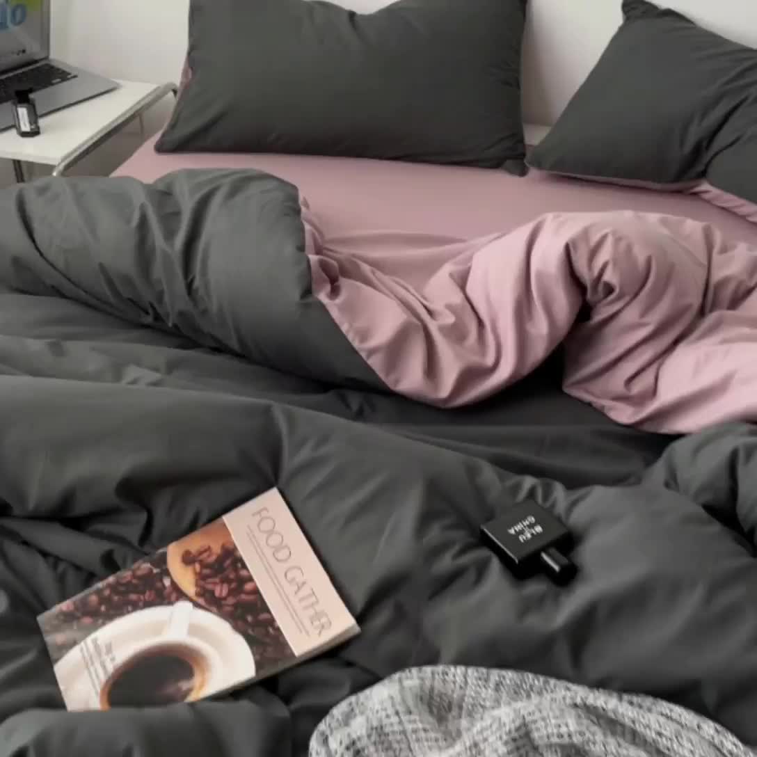 91家纺网 家纺一手货源 找家纺 蓝淋家纺 2023新款双拼水洗棉高级感亲肤四件套/三件套 深灰咖