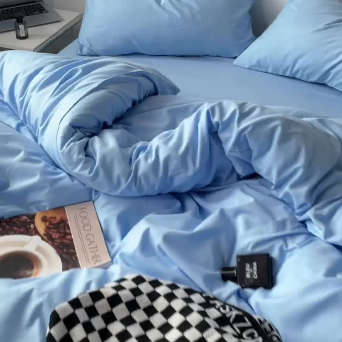 91家纺网 家纺一手货源 找家纺 蓝淋家纺 2023新款双拼水洗棉高级感亲肤四件套/三件套 天蓝