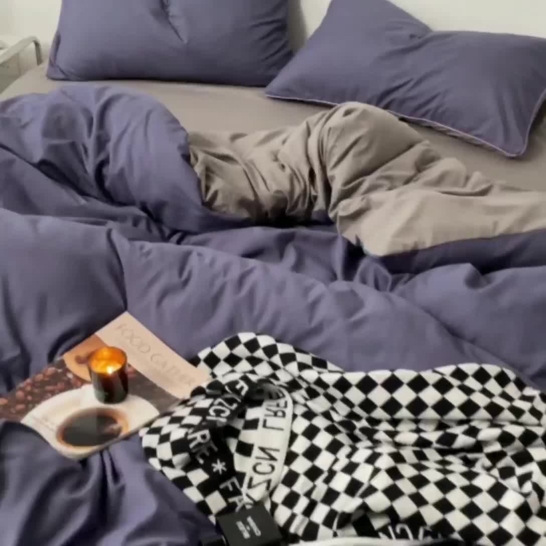 91家纺网 家纺一手货源 找家纺 蓝淋家纺 2023新款双拼水洗棉高级感亲肤四件套/三件套 烟熏紫