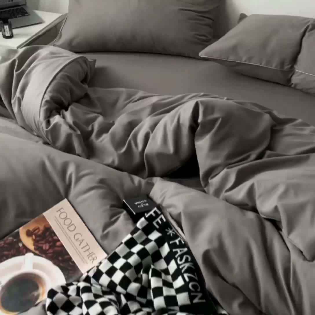 91家纺网 家纺一手货源 找家纺 蓝淋家纺 2023新款双拼水洗棉高级感亲肤四件套/三件套 银灰