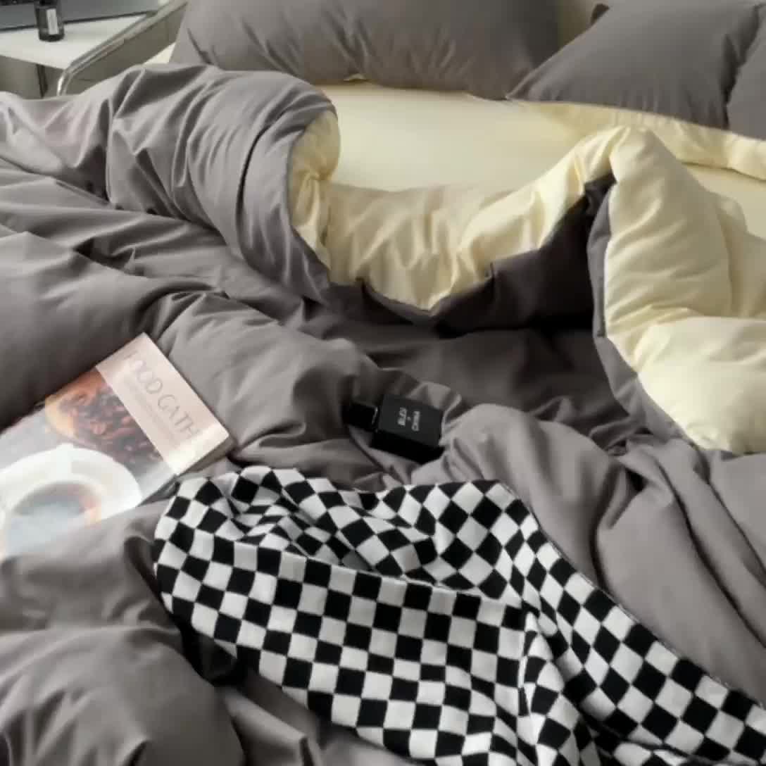 91家纺网 家纺一手货源 找家纺 蓝淋家纺 2023新款双拼水洗棉高级感亲肤四件套/三件套 银灰米