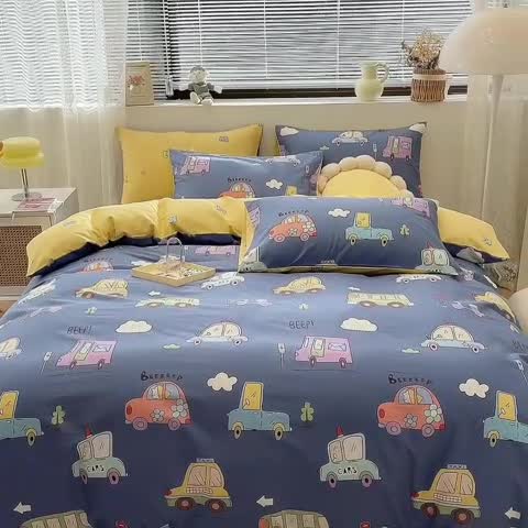 91家纺网 家纺一手货源 找家纺 绵庭 2023新款12868全棉ins小清新印花四件套 汽车总动员