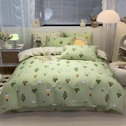 91家纺网 家纺一手货源 找家纺 绵庭 2023新款12868全棉ins小清新印花四件套 森林羊