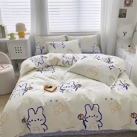 91家纺网 家纺一手货源 找家纺 木堇家居 2023新款13372全棉印花四件套 奶油小白