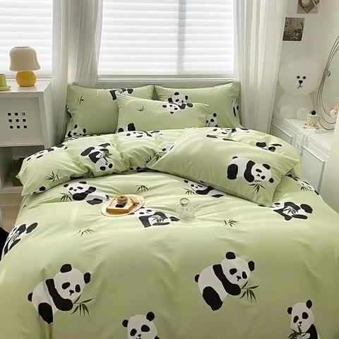 91家纺网 家纺一手货源 找家纺 木堇家居 2023新款13372全棉印花四件套 熊猫盼达