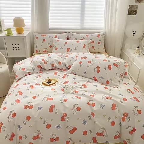 91家纺网 家纺一手货源 找家纺 木堇家居 2023新款13372全棉印花四件套 樱桃小兔