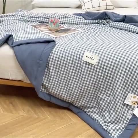 91家纺网 家纺一手货源 找家纺 森林人 2023新款A类无印风水洗棉大豆夏被 浅蓝小格
