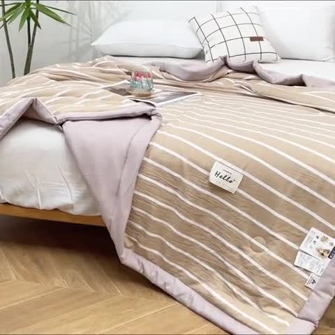 91家纺网 家纺一手货源 找家纺 森林人 2023新款A类无印风水洗棉大豆夏被 条纹咖