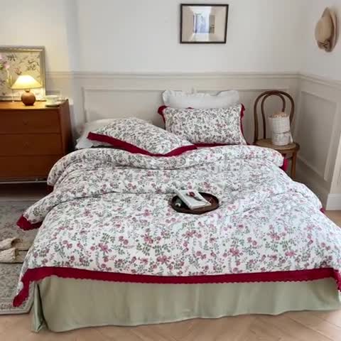 91家纺网 家纺一手货源 找家纺 淑女公社家纺 2024新款双层纱纯棉刺绣花边四件套 蔷薇之恋