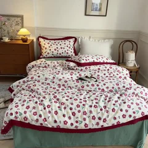 91家纺网 家纺一手货源 找家纺 淑女公社家纺 2024新款双层纱纯棉刺绣花边四件套 陌上花开