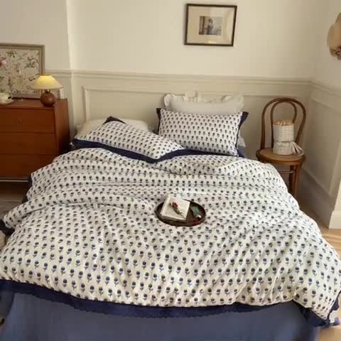 91家纺网 家纺一手货源 找家纺 淑女公社家纺 2024新款双层纱纯棉刺绣花边四件套 蓝色之花