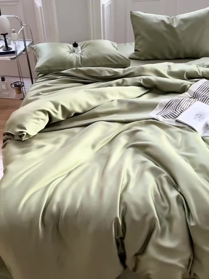 91家纺网 家纺一手货源 找家纺 沐白 60S纯色天丝四件套 欧芹绿