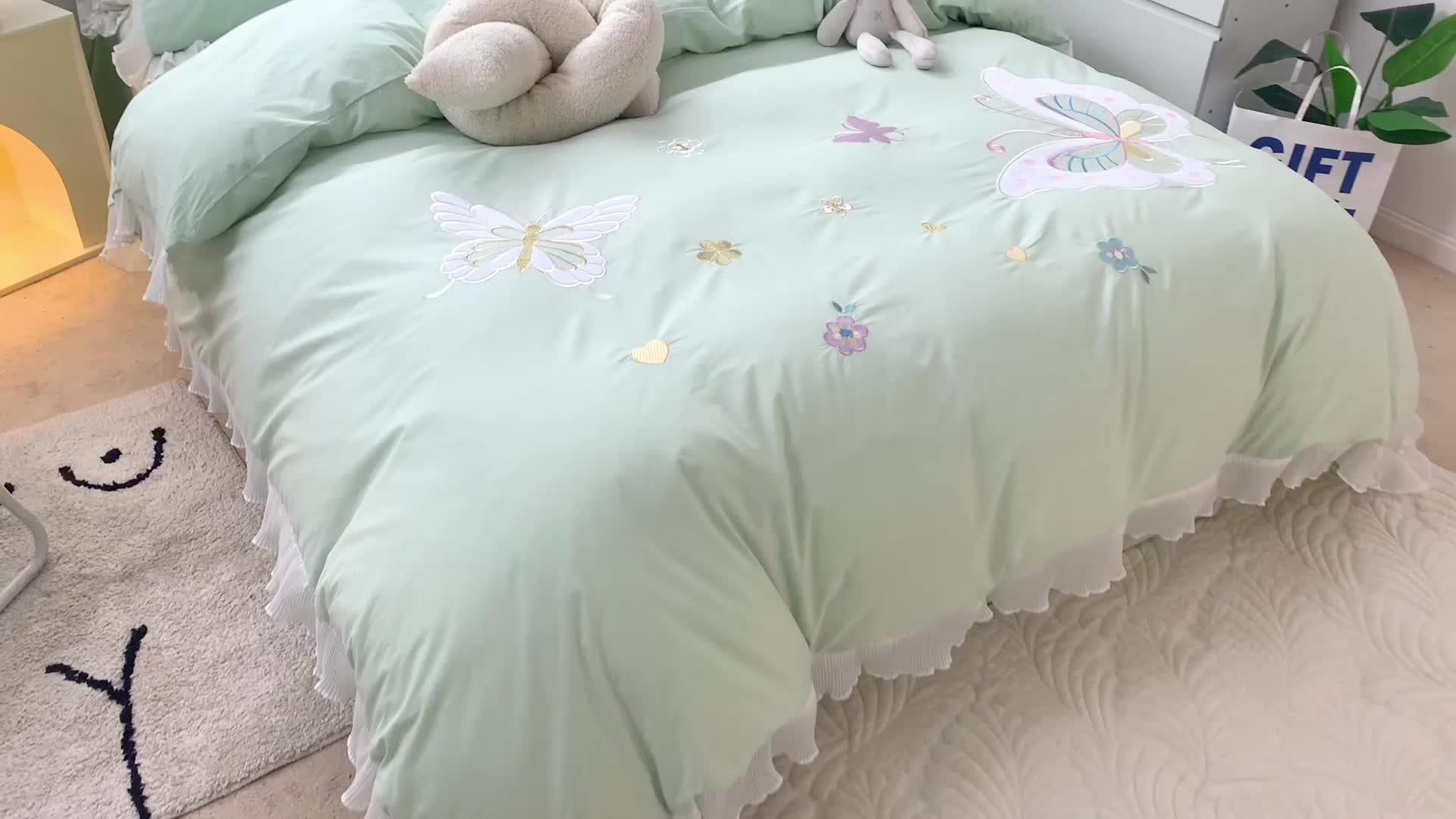 91家纺网 家纺一手货源 找家纺 梵克保罗 新款母婴级全棉水洗棉绣花四件套-蝴蝶夫人 蝴蝶夫人-绿