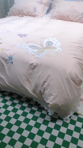 91家纺网 家纺一手货源 找家纺 梵克保罗 新款母婴级全棉水洗棉绣花四件套-蝴蝶夫人 蝴蝶夫人-粉