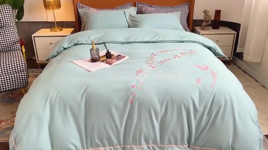 91家纺网 家纺一手货源 找家纺 梵克保罗 2024春夏直播热卖长绒棉绣花花边四件套-莉薇 莉薇-梵星绿