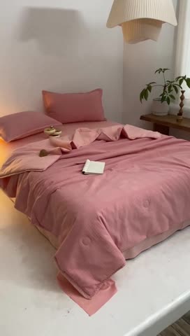 91家纺网 家纺一手货源 找家纺 沐棉家居 2023新款全棉华夫格夏被四件套 华夫格-粉