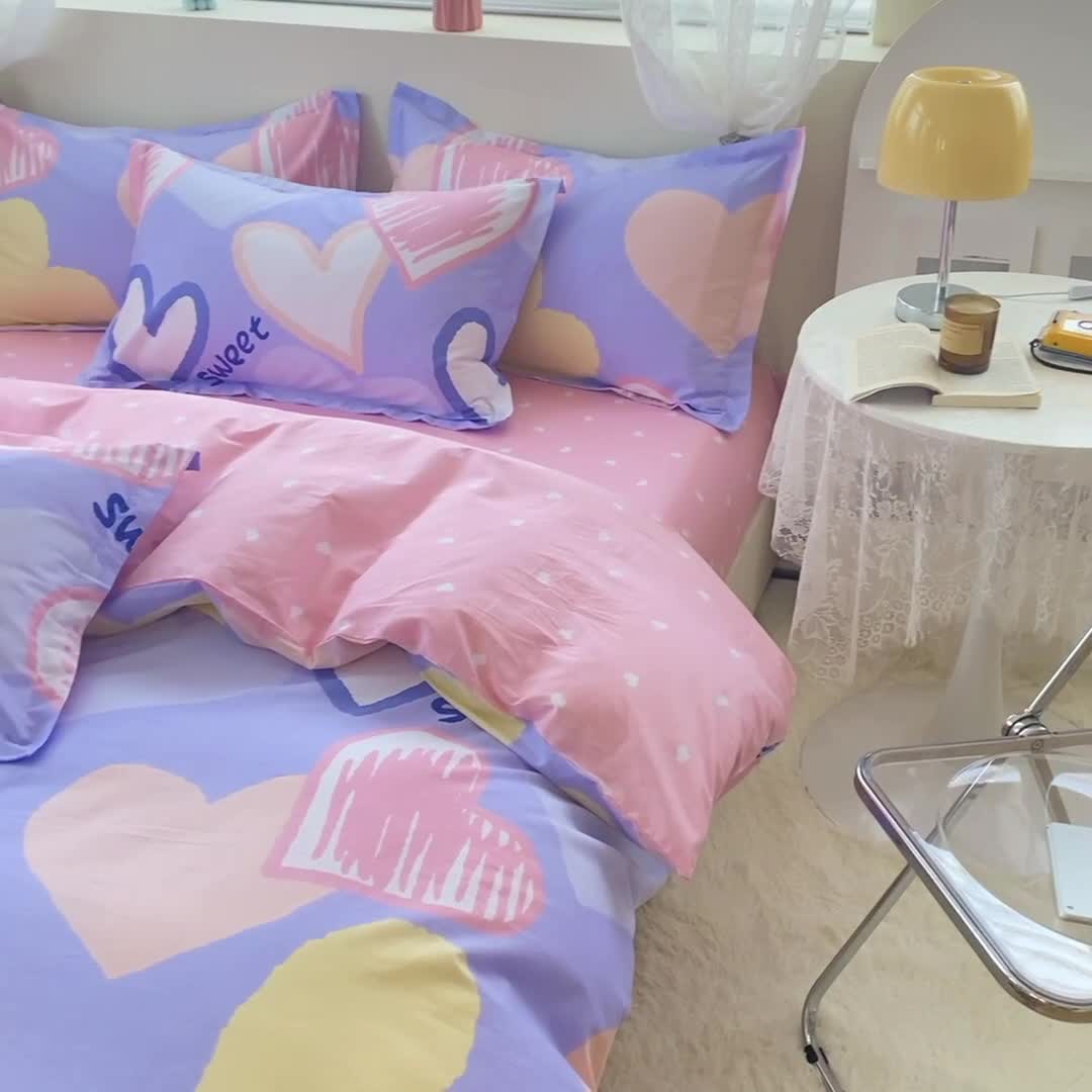 91家纺网 家纺一手货源 找家纺 钰伶 2025新款全棉13372印花纯棉床单床笠款四件套 恋心-紫