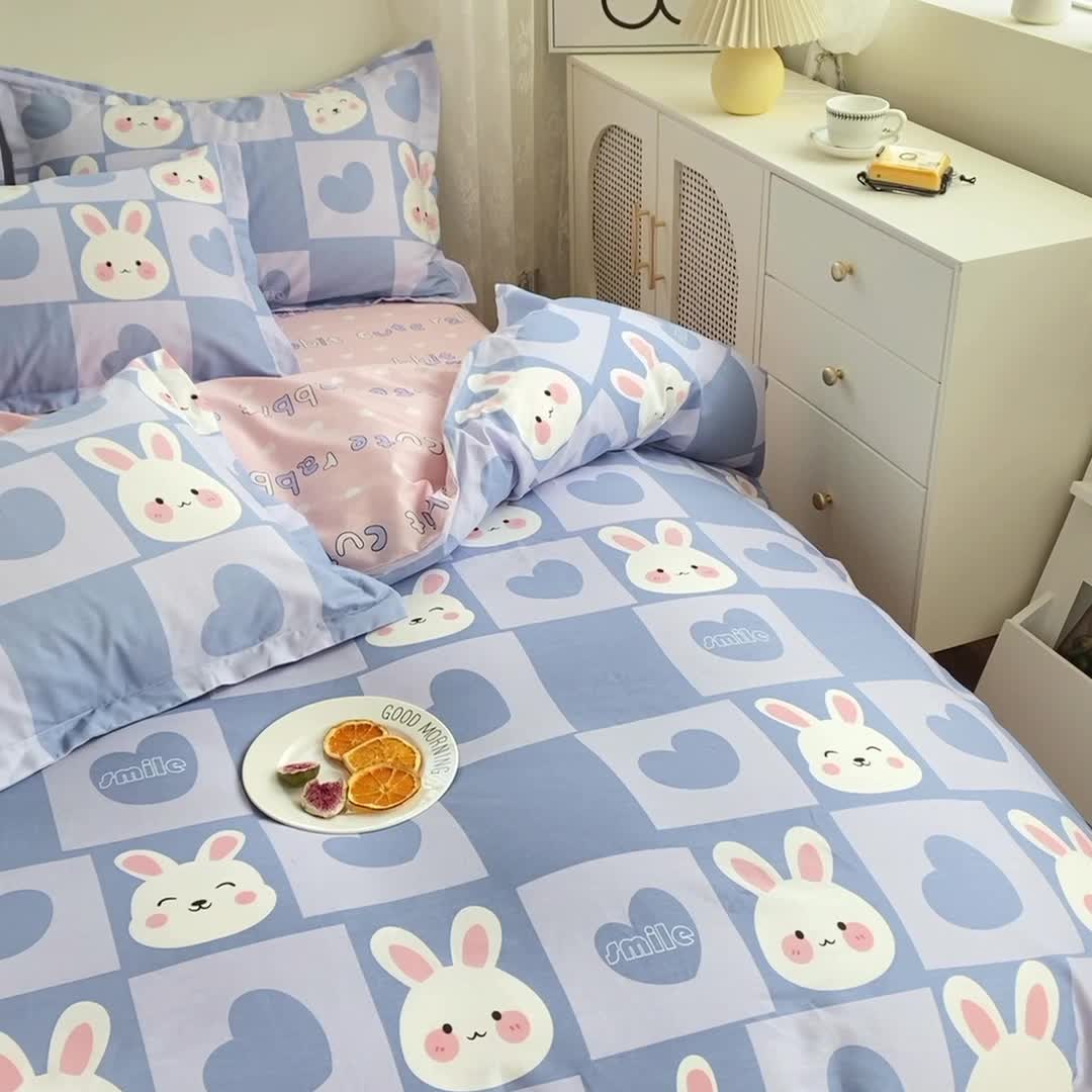 91家纺网 家纺一手货源 找家纺 钰伶 2025新款全棉13372印花纯棉床单床笠款四件套 兔宝宝