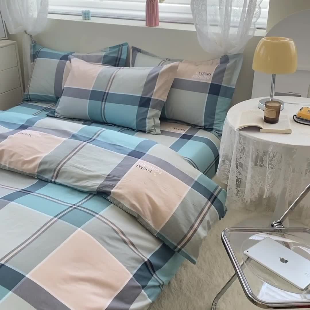 91家纺网 家纺一手货源 找家纺 钰伶 2025新款全棉简约12868印花纯棉四件套 云中忆-绿