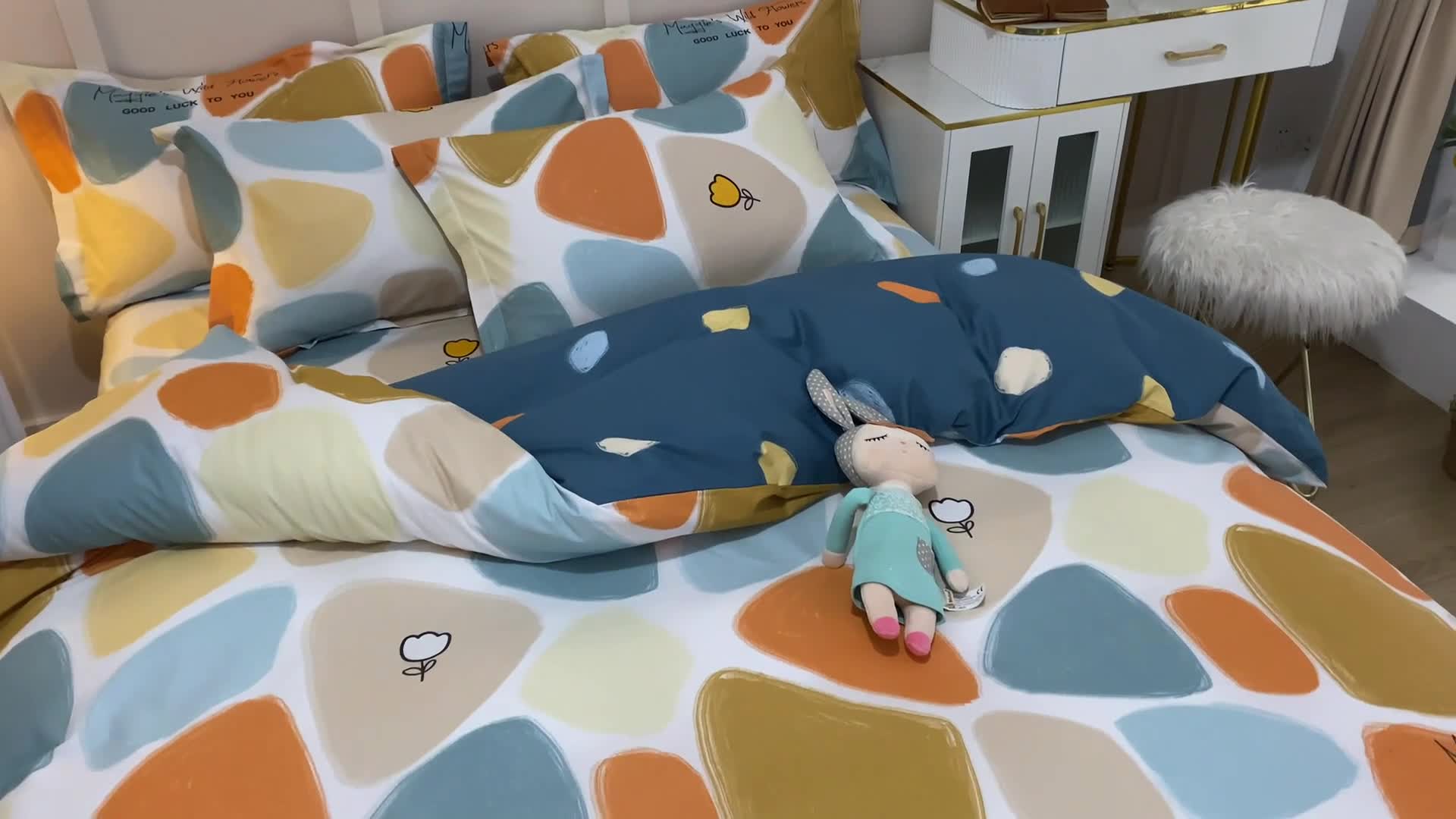 91家纺网 家纺一手货源 找家纺 钰伶 2025新款全棉简约12868印花纯棉四件套 雨花石