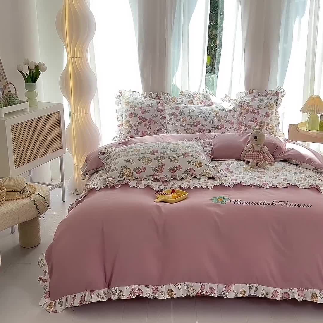 91家纺网 家纺一手货源 找家纺 绒兔兔 2023双层纱印花四件套 唯美