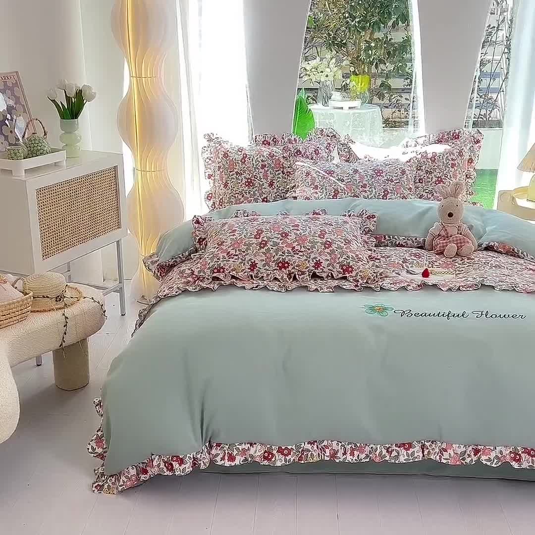 91家纺网 家纺一手货源 找家纺 绒兔兔 2023双层纱印花四件套 春日蜜糖