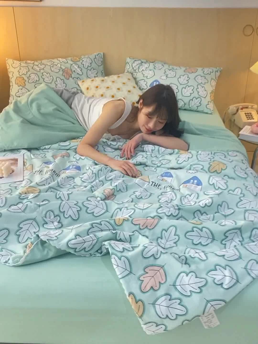 91家纺网 家纺一手货源 找家纺 羋多 2024新款小清新花边水洗棉夏被夏被四件套夕颜花开