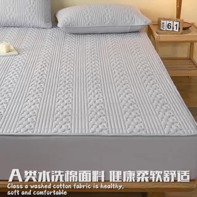 91家纺网 家纺一手货源 找家纺 古吉梦 2023新款 A类水洗棉夹棉防水床笠花朵系列三件套 花朵-浅灰