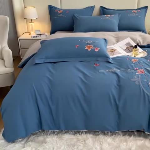 91家纺网 家纺一手货源 找家纺 大麦乐田 2023新款亲肤雅棉刺绣四件套-满园春 满园春宾利蓝