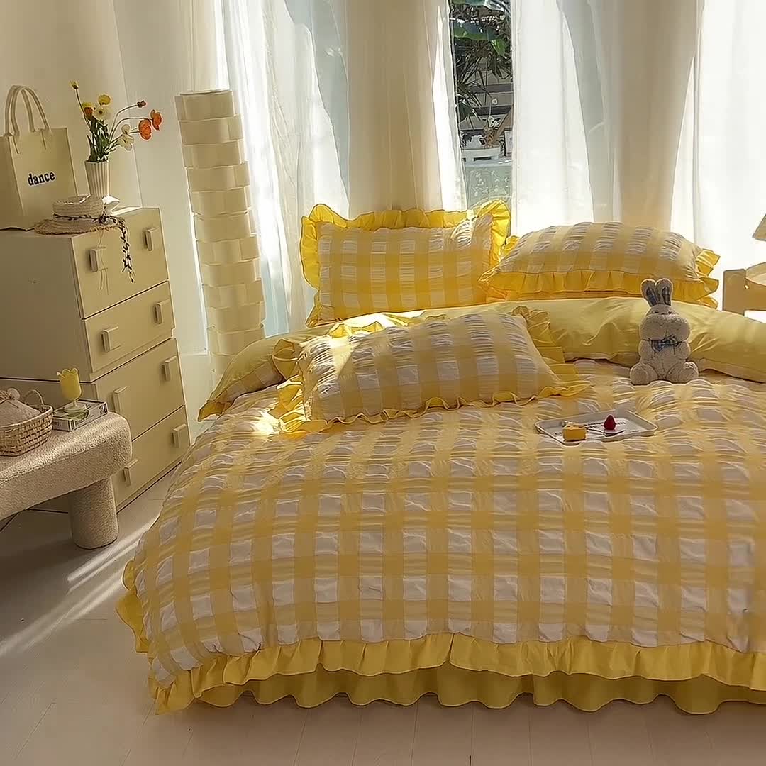 91家纺网 家纺一手货源 找家纺 梦之岛 2023新款韩版无印风泡泡纱四件套 泡泡-黄色