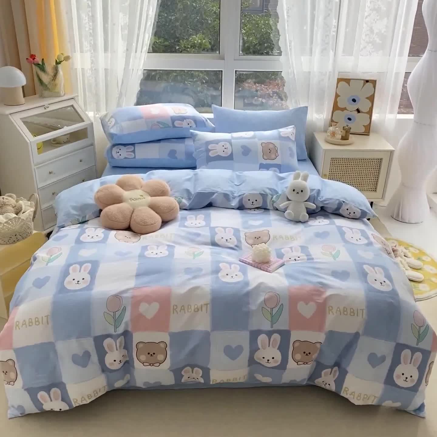 91家纺网 家纺一手货源 找家纺 琪格格2023新款全棉40支13372小清新四件套系列 白兔与熊