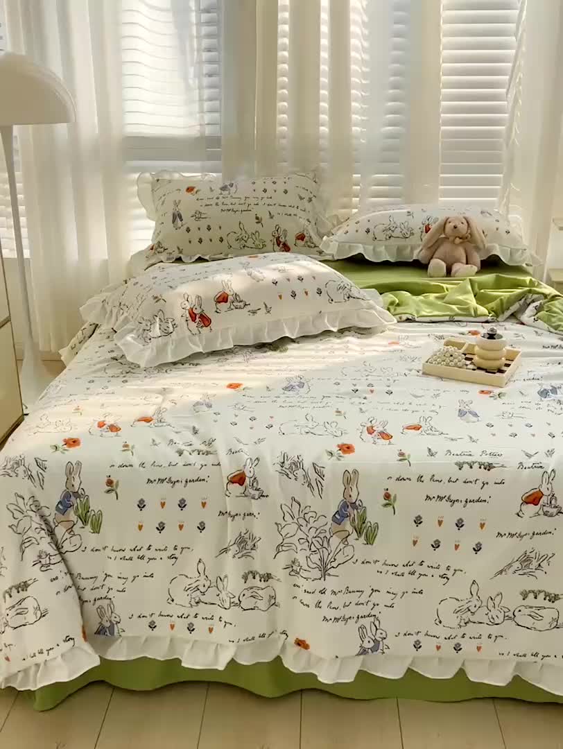 91家纺网 家纺一手货源 找家纺 澳梵 小清新水洗棉麻夏被四件套 彼得兔