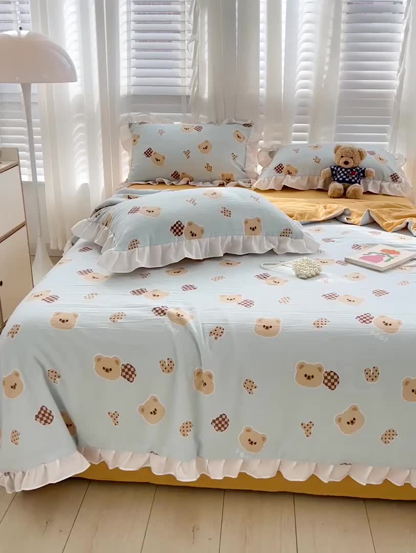 91家纺网 家纺一手货源 找家纺 澳梵 小清新水洗棉麻夏被四件套 嘟嘟熊