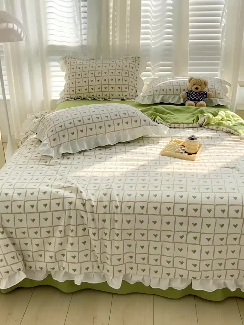 91家纺网 家纺一手货源 找家纺 澳梵 小清新水洗棉麻夏被四件套 格子心心