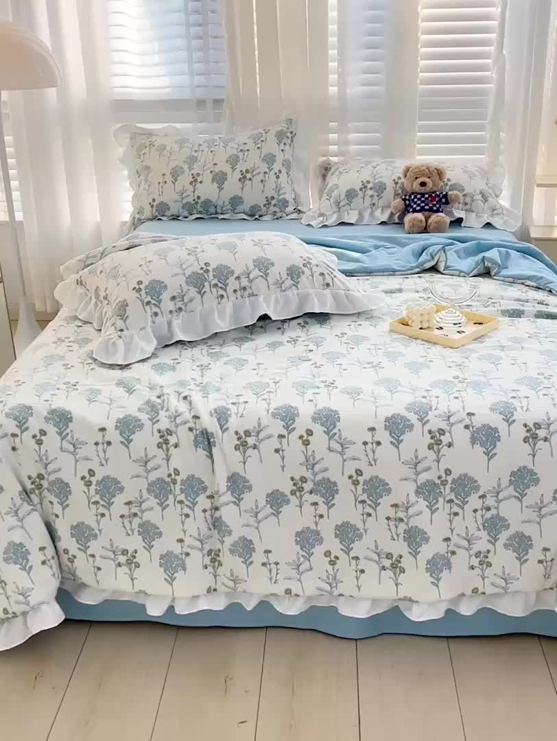 91家纺网 家纺一手货源 找家纺 澳梵 小清新水洗棉麻夏被四件套 海芋恋人-蓝