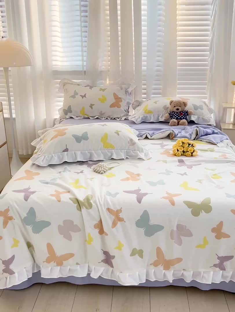 91家纺网 家纺一手货源 找家纺 澳梵 小清新水洗棉麻夏被四件套 蝴蝶